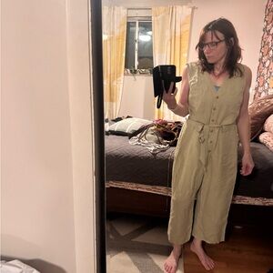 Sleeveless Button-Front Olive Green Jumpsuit